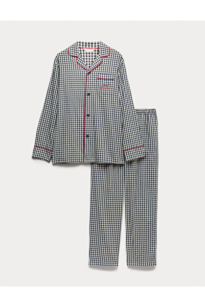 Marks & Spencer Saf Pamuklu Noel Kareli Pijama Takımı