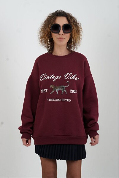 Zelish My Sister Bordo Kaplan cu imprimeu Swea brodat tricou