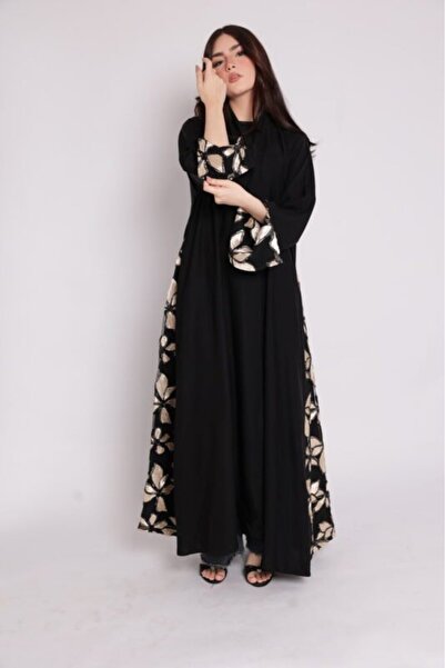 Threadline Black abaya with side embroidery and shiny floral sleeve edges in gold and beige