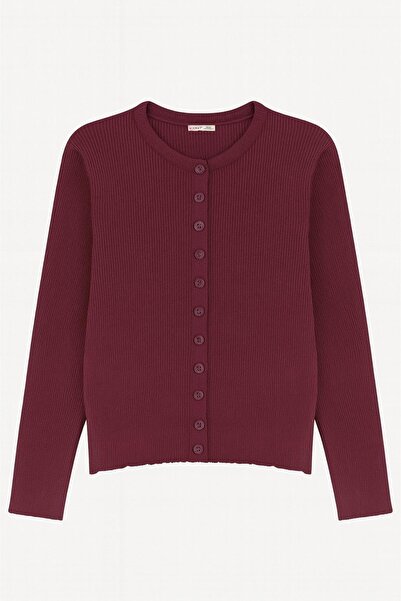 Mixray 6931 Women's Buttoned Corded Fabric Knitwear Cardigan Plum