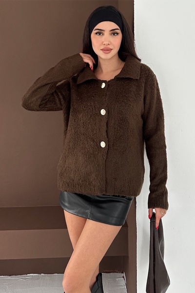 FEMELLE Women's Brown Textured Gold Button Cardigan Standard Size