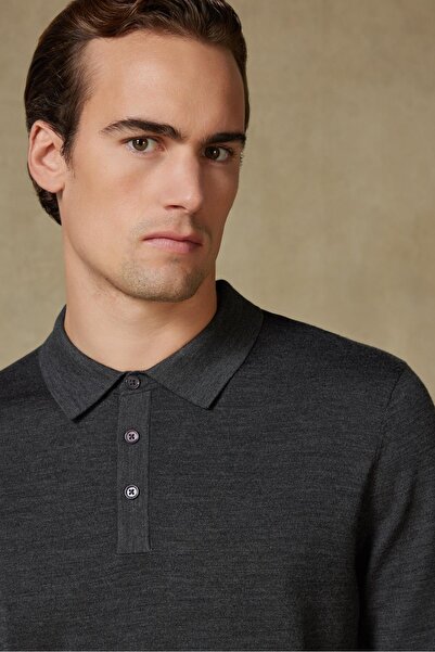 Abbate Nord Knitted 100% Wool Modern Fit Gray Polo Neck Men's Plain Knitwear