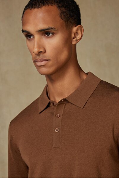 Abbate Nord Knitted 100% Wool Modern Fit Brown Polo Neck Men's Plain Knitwear