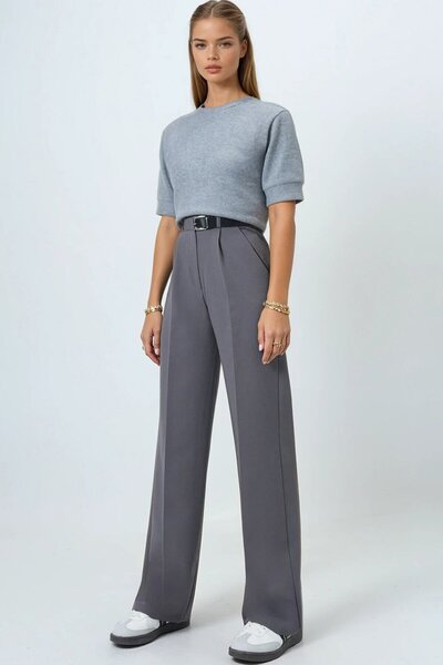 VAGGON Women's Gray Belted Button Closure Double Pocket Palazzo Pants Vs01458