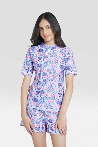 Coega Sunwear Girls Youth Rashguard Short Sleeve - Navy Pink Tropical