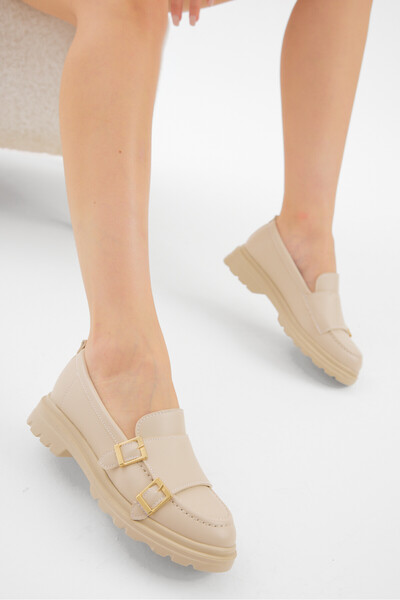 Tonny Black Women's Beige Thick Poly Sole Double Buckle Casual Loafer