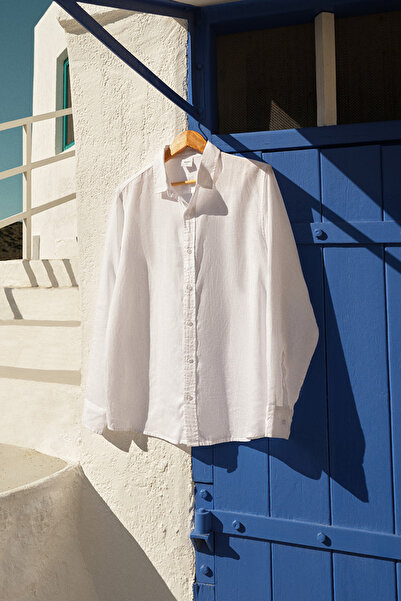 Dagi White Long Sleeve Linen Lyocell Contrast Shirt