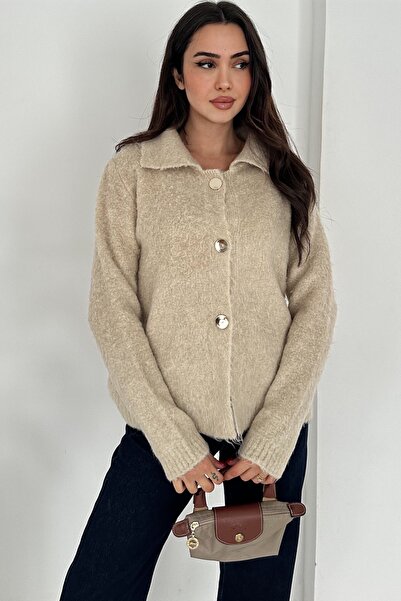 FEMELLE Women's Beige Crumpled Textured Gold Button Cardigan Standard Size