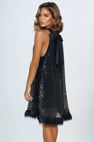 VAGGON Women's Black Halter Neck Sequin Skirt Fur Lined Mini Dress Vs01642