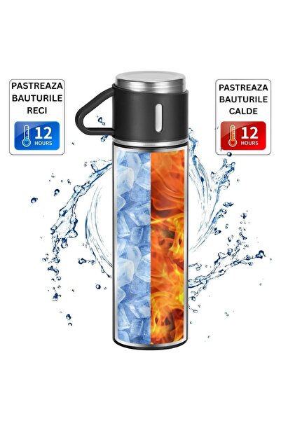 SELLIUM 500 ml Thermos Set with 2 Cups, Leak-proof Stainless Steel, Insulated, Black