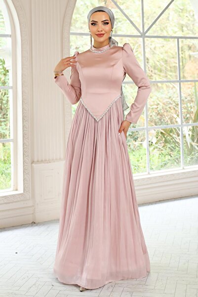 Olcay Stone Detailed Skirt Pleated Satin and Yoryo Silk Hijab Evening Dress Pudra 1046