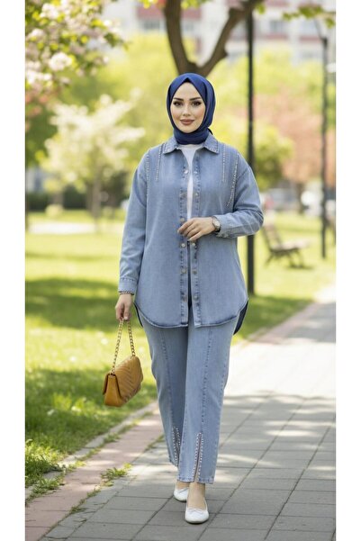 Hb Harma Time Butik Women's Denim Jacket Pants Two-Piece Denim Blue Set