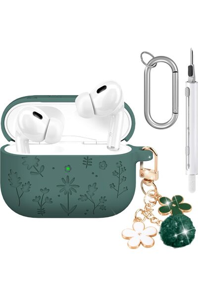 Yelajoy AirPods Pro 3 Case,Cute with Cherry Blossom Keychain&Cleaning Kit,Silicone Shockproof,Pine Green