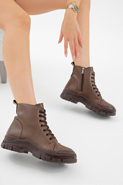 Tonny Black Cizme casual maro pentru femei, cu talpă termică groasă, cu șireturi și fermoar