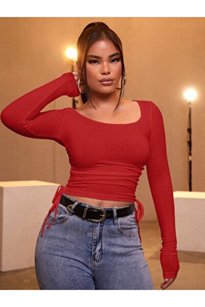JANES Γυναικεία κόκκινη υφασμάτινη μπλούζα πλέξη ριμπ