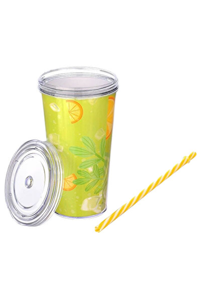 ELDİPA 600 ml Patterned Cold Drink Cup with Straw Coffee Detox Lemonade Hard Plastic, Cup with Lid