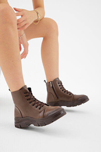 Tonny Black Cizme casual maro pentru femei, cu talpă termică groasă, cu șireturi și fermoar