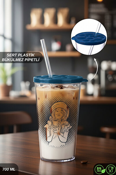 ELDİPA 700 ml Patterned Cold Drink Cup Bpa-Free Hard Plastic Unbreakable Tumbler with Straw Lid