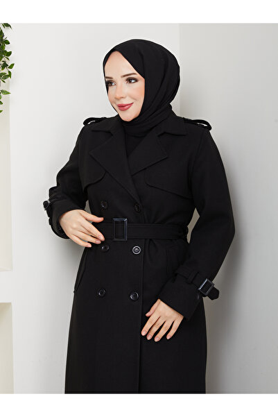 Moda İncir Double-Breasted Collared Coat with Embroidered Embroidery