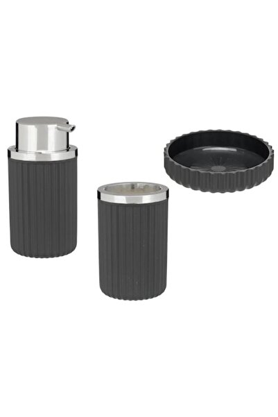 BERILO 3-piece bathroom set, black, plastic, with soap dispenser, toothbrush ...