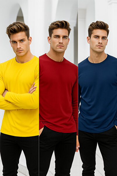 Rich Men's Yellow-Red-Navy Blue 3-Pack Basic Long Sleeve Athlete Bodysuit