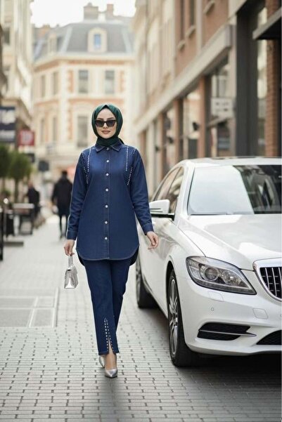 Hb Harma Time Butik Women's Denim Jacket Pants Two-Piece Denim Navy Blue Set