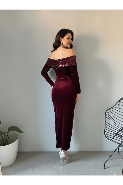 Marbella Γυναικείο φόρεμα με παγιέτες με βελούδινο γιακά Madonna, κομψό βραδινό φόρεμα για την Πρωτοχρονιά