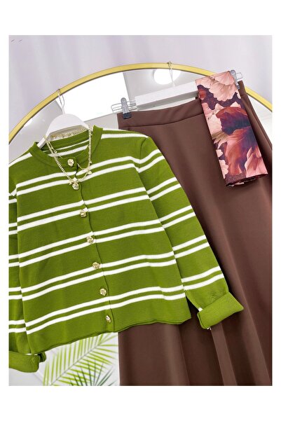 YEDİLALE Stripe Buttoned Knitwear Cardigan Puff Skirt Double Set [Cardigan Is Standard Size, Skirt Is Fitted]