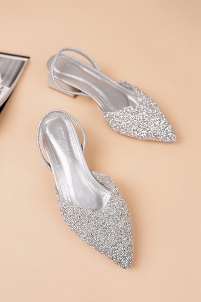 tayyarshoes Sildi Pointed Toe Open Back Glitter Low Heel Comfortable to Wear Shoes