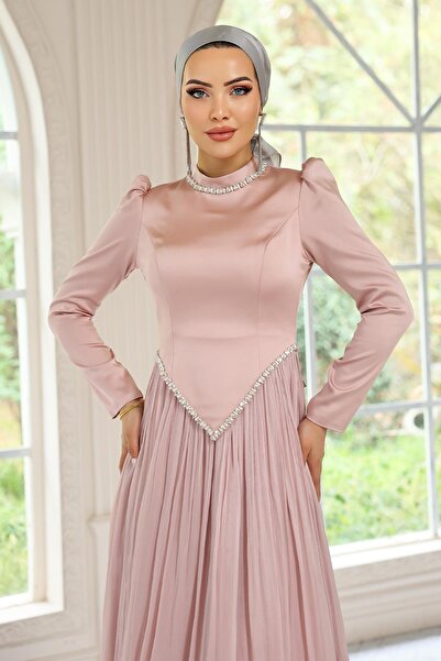 Olcay Stone Detailed Skirt Pleated Satin and Yoryo Silk Hijab Evening Dress Pudra 1046