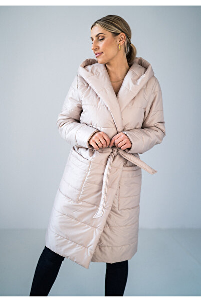 Figl Palton elegant bej cu puf și curea pentru iarnă M929 mărimea L/XL