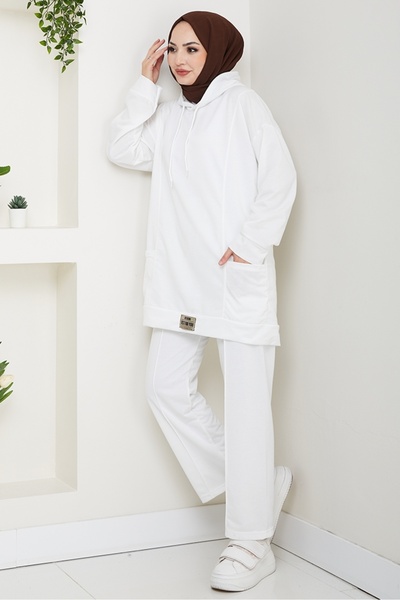 Bestenur Double Pocket Hooded Double Suit 1663 - White