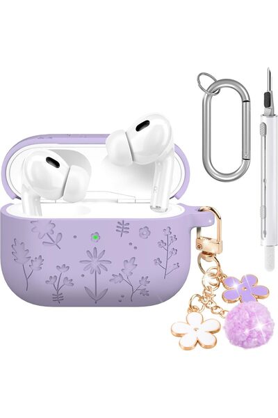 Yelajoy AirPods Pro 3 Case,Cute with Cherry Blossom Keychain&Cleaning Kit,Silicone Shockproof,Purple