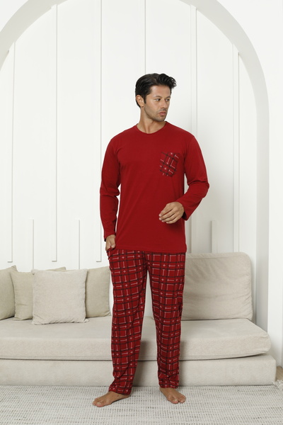 Line Smart Men's 100% Organic Natural Cotton Plaid High Quality Long Sleeve Pajama Set with Pocket Detail