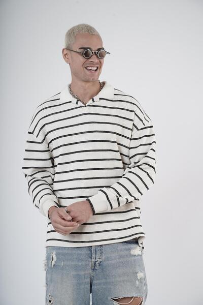 Butik Trend We Polo Neck Striped Oversize Fit Men's Knitwear Sweater