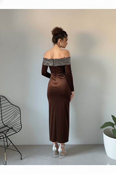 Marbella Women's Sequined Madonna Collar Velvet Stylish Evening New Year's Dress