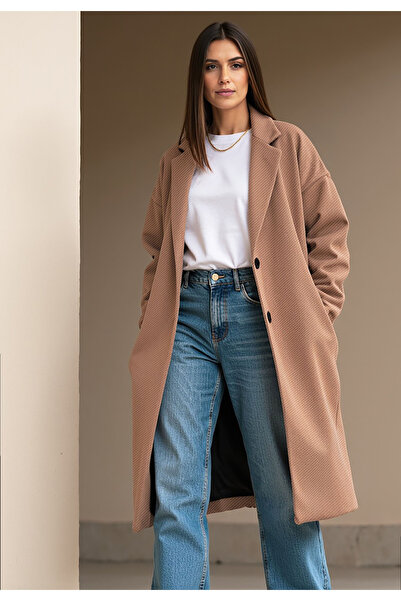 Figl Elegant striped coat for women - Winter coat for women - Beige coat M1111 r. Universal