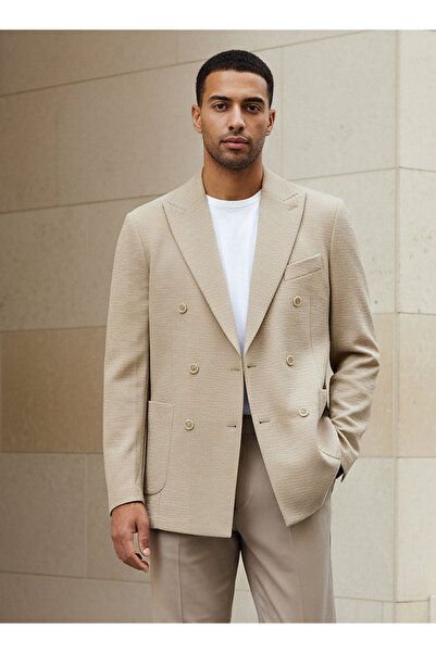 Iconic بليزر رجالي قصة ضيقة منقوش ذو صدر مزدوج