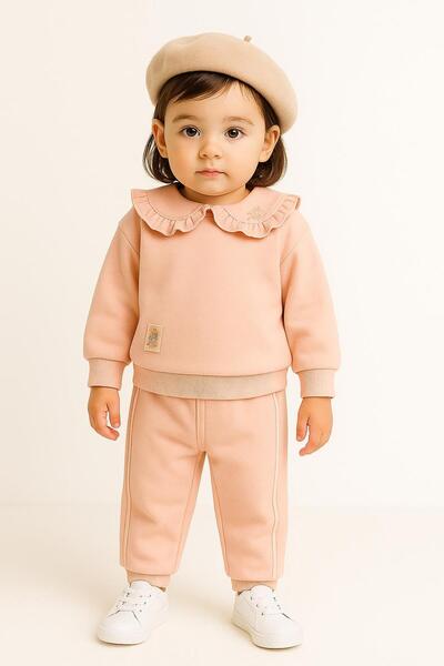 RAPAPA Girl's Ruffle Collar 3 Thread Ş Fleece-Lined Tracksuit Set – Salmon 10713