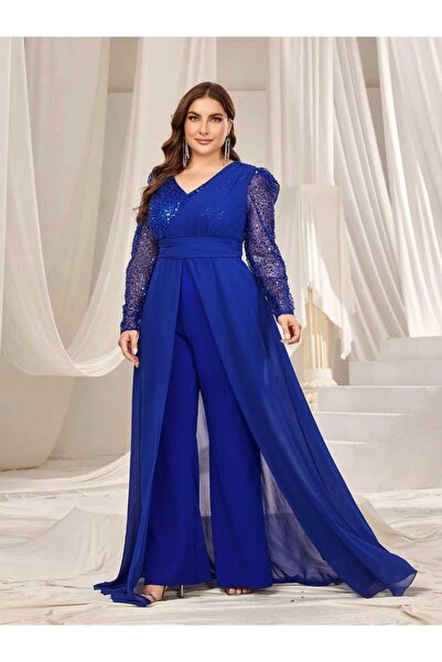 JustFab Royal Blue Sequin Sleeve Evening Jumpsuit with Chiffon Overlay – Women’s Elegant Evening Wear