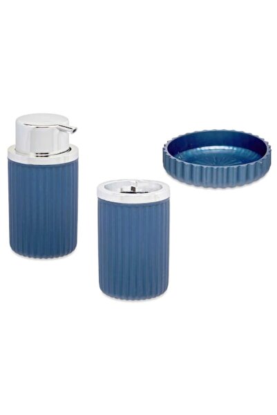 BERILO 3-piece bathroom set, blue plastic with soap dispenser, toothbrush holder and soap dish