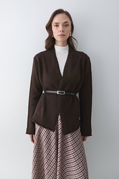 Laluvia Dark Brown Belted Cardigan - 241084