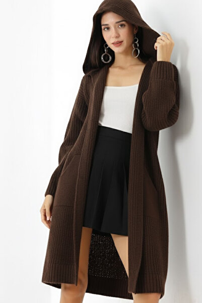 Marvine سترة تريكو نسائية بنية اللون مكونة من قصة فضفاضة جيوب بغطاء رأس