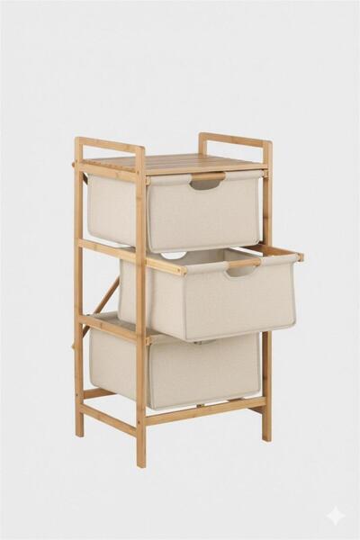 Bayev Bamboo Cream 3 Drawer Basket Organizer 700756 - Wooden Hobby Basket Toy Basket Organizer