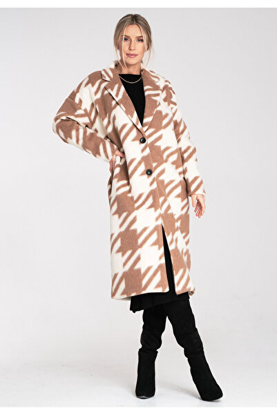 Figl Houndstooth Coat - Elegant Coat for Women - Beige Coat M1112 size Universal