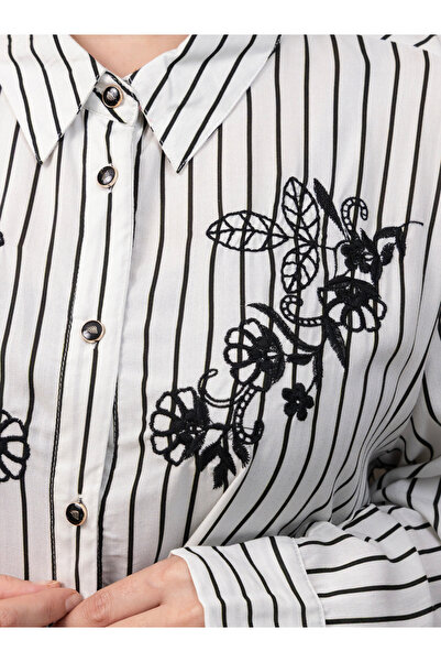 LINELLE Ladies Co-Ord Set – Soft Crepe Black and White Stripe Shirt with Floral Embroidery and Solid Pant