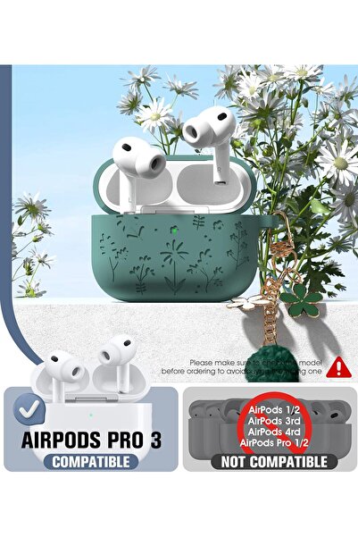 Yelajoy AirPods Pro 3 Case,Cute with Cherry Blossom Keychain&Cleaning Kit,Silicone Shockproof,Pine Green