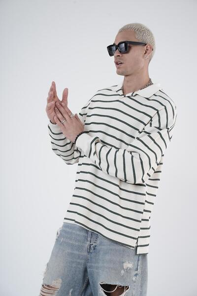 Butik Trend We Polo Neck Striped Oversize Fit Men's Knitwear Sweater