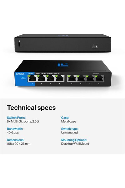 Linksys 8-Port, 2.5G Multi-Gig Unmanaged Switch | Energy-Efficient Ethernet, LN2308-KE