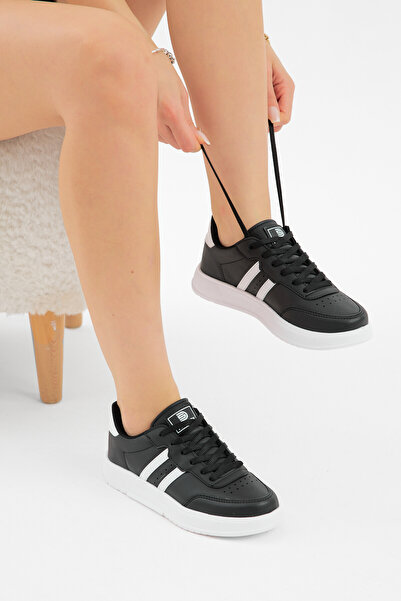 Tonny Black Unisex Black and White Thick Faylon Lightweight Sole Striped Lace-Up Sneakers